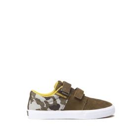 Supra Kids STACKS II VULC VELCRO Olive/camo White Low Top Shoes | CA-20705